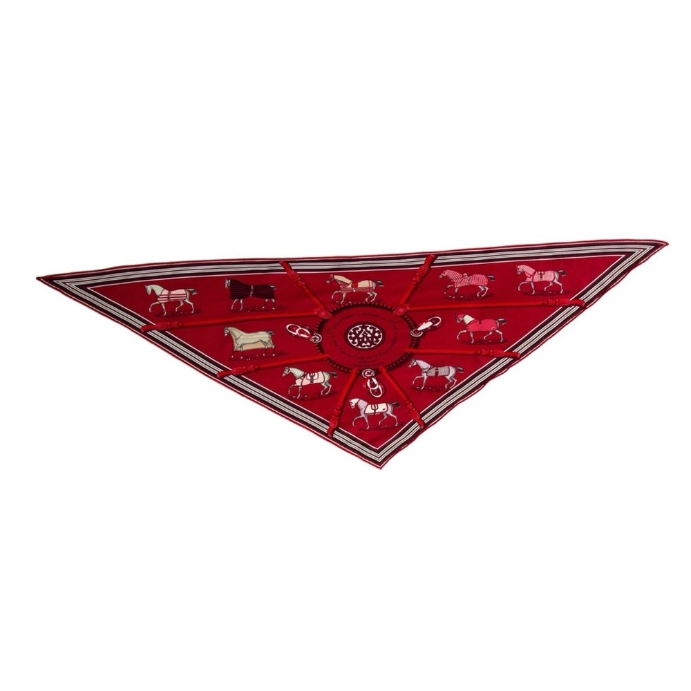 💕 HERMÈS vintage Couvertures et Tenues de Jour Silk Triangle Scarf, red horses - Picture 5 of 5